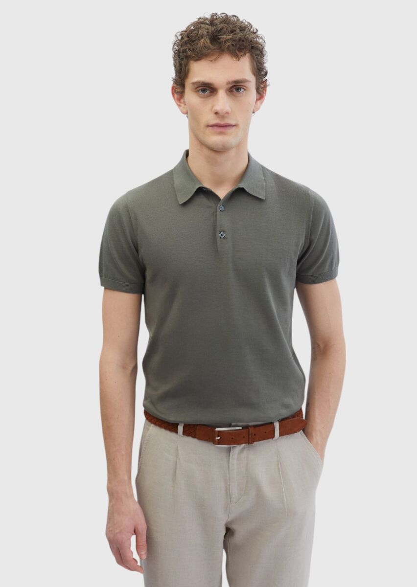 Haki Polo Yaka %100 Pamuk Triko - 1