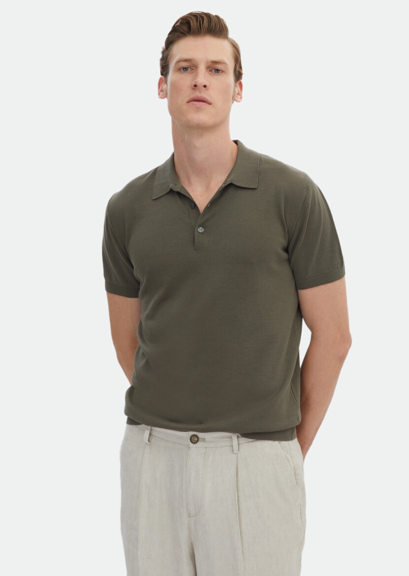 Haki Polo Yaka Düz Örgü %100 Pamuk Triko - RAMSEY