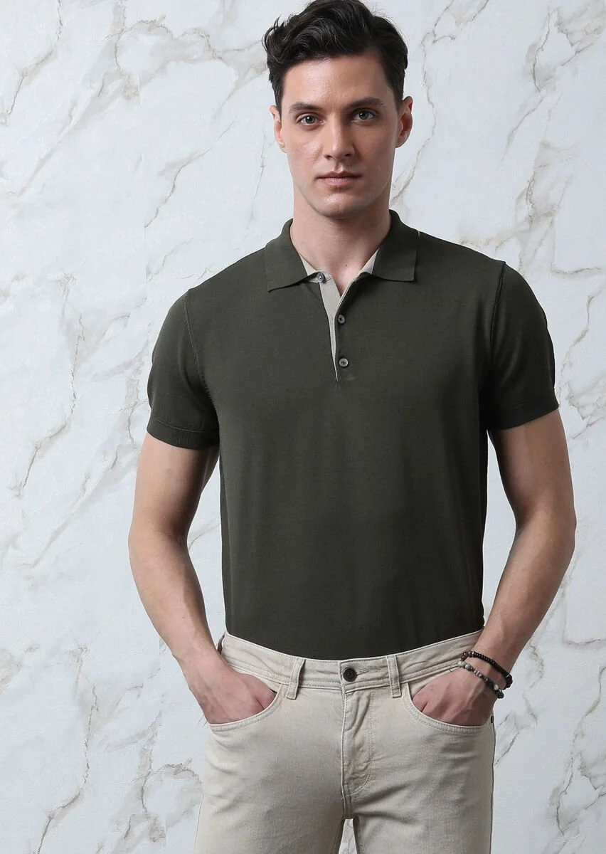 Haki Polo Yaka Düz Örgü Triko - 1