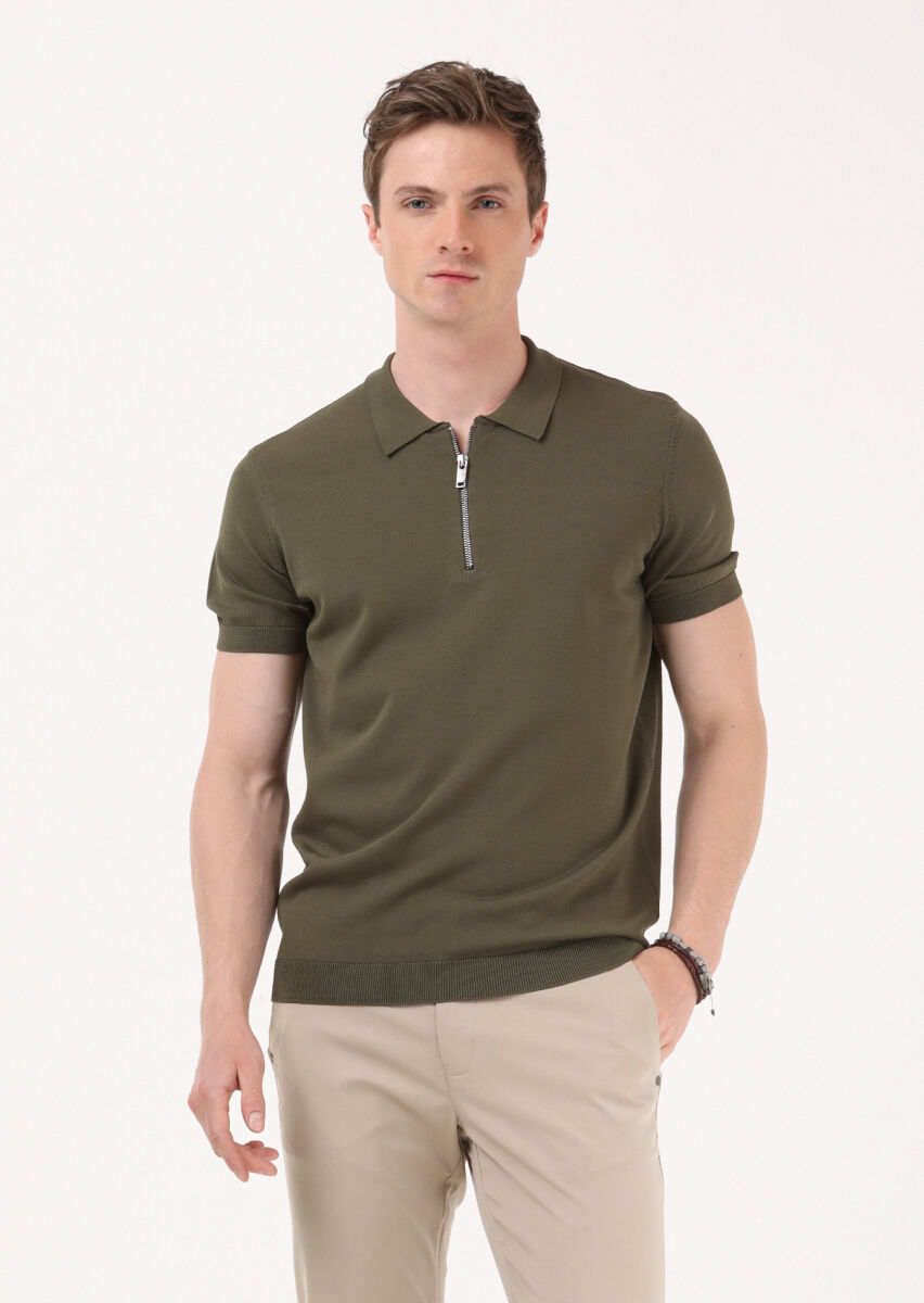 Haki Polo Yaka Düz Örgü Triko - 3