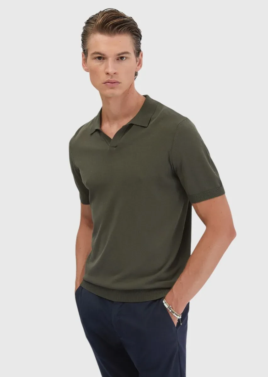 Haki Polo Yaka Düz Örgü Triko - 1