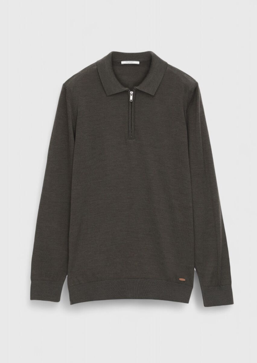 Haki Polo Yaka Düz Örgü Yün Karışımlı Triko Kazak - 7