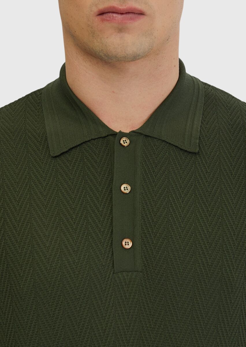 Haki Polo Yaka Jakarlı Triko - 5