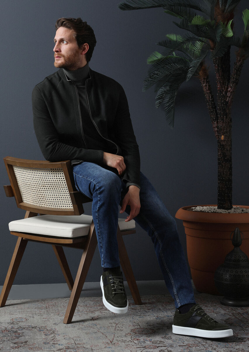 Haki Regular Fit Dik Yaka Casual Deri Deri Mont - 1