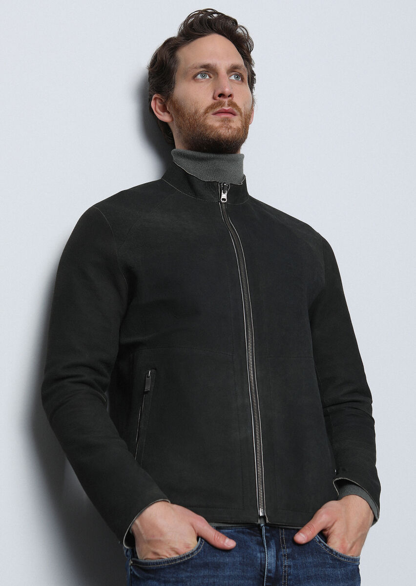 Haki Regular Fit Dik Yaka Casual Deri Deri Mont - 2