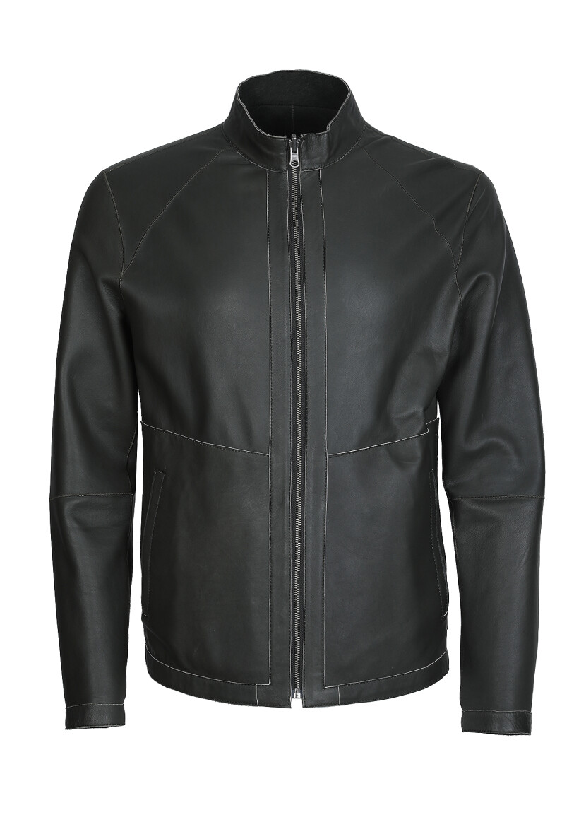 Haki Regular Fit Dik Yaka Casual Deri Deri Mont - 7