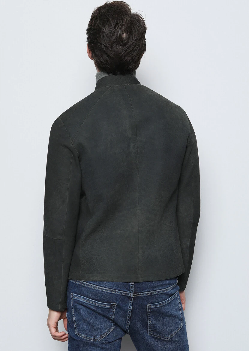 Haki Regular Fit Dik Yaka Casual Deri Deri Mont - 6