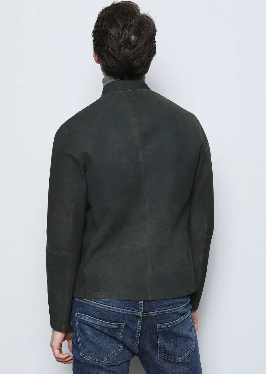 Haki Regular Fit Dik Yaka Casual Deri Deri Mont - 6