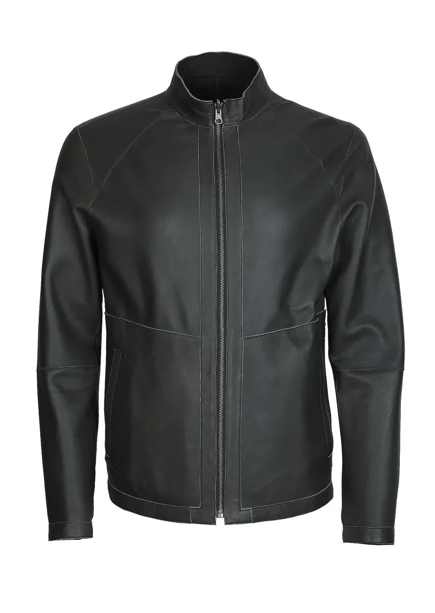 Haki Regular Fit Dik Yaka Casual Deri Deri Mont - 8
