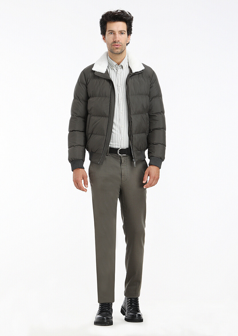 Haki Regular Fit Dik Yaka Casual Dokuma Mont - 1