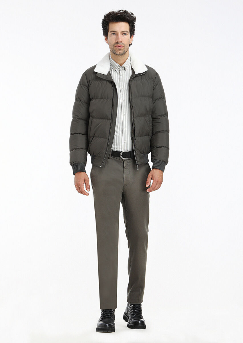 Haki Regular Fit Dik Yaka Casual Dokuma Mont - 1