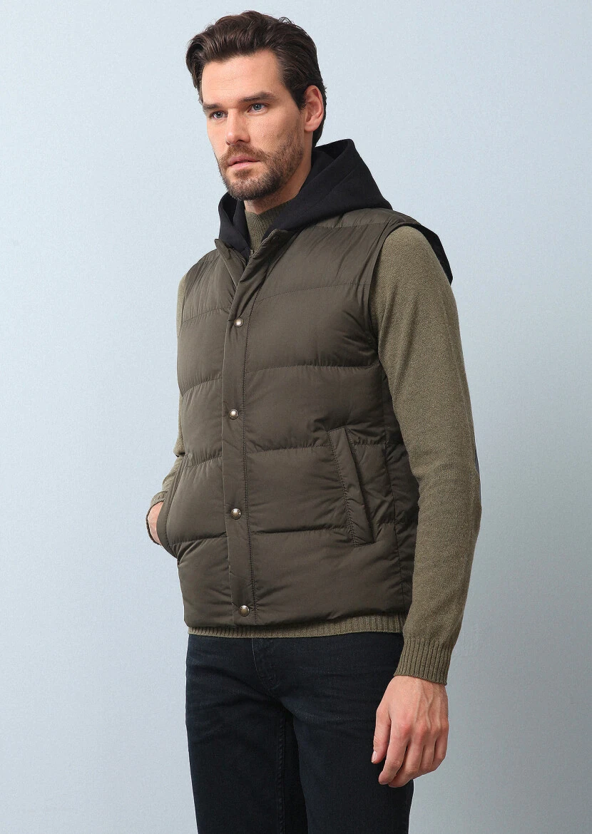 Haki Regular Fit Dik Yaka Casual Dokuma Spor Yelek - 2