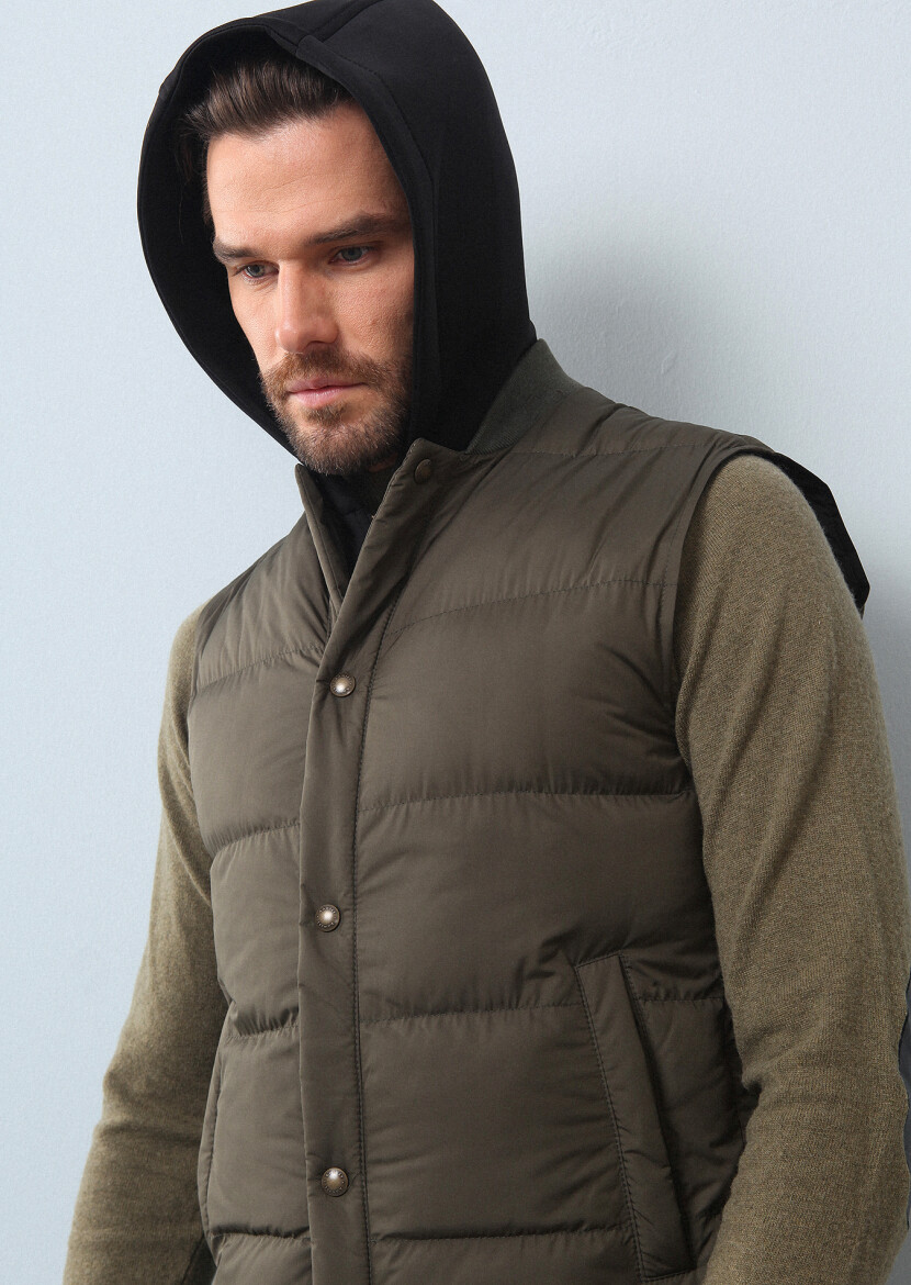 Haki Regular Fit Dik Yaka Casual Dokuma Spor Yelek - 1