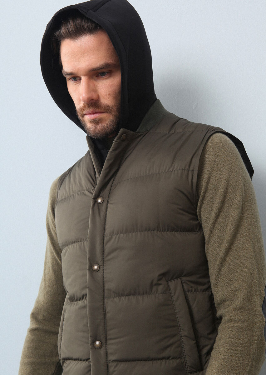 Haki Regular Fit Dik Yaka Casual Dokuma Spor Yelek - 1