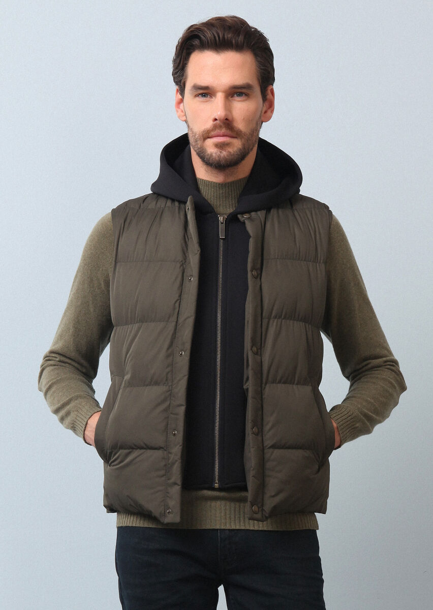 Haki Regular Fit Dik Yaka Casual Dokuma Spor Yelek - 3