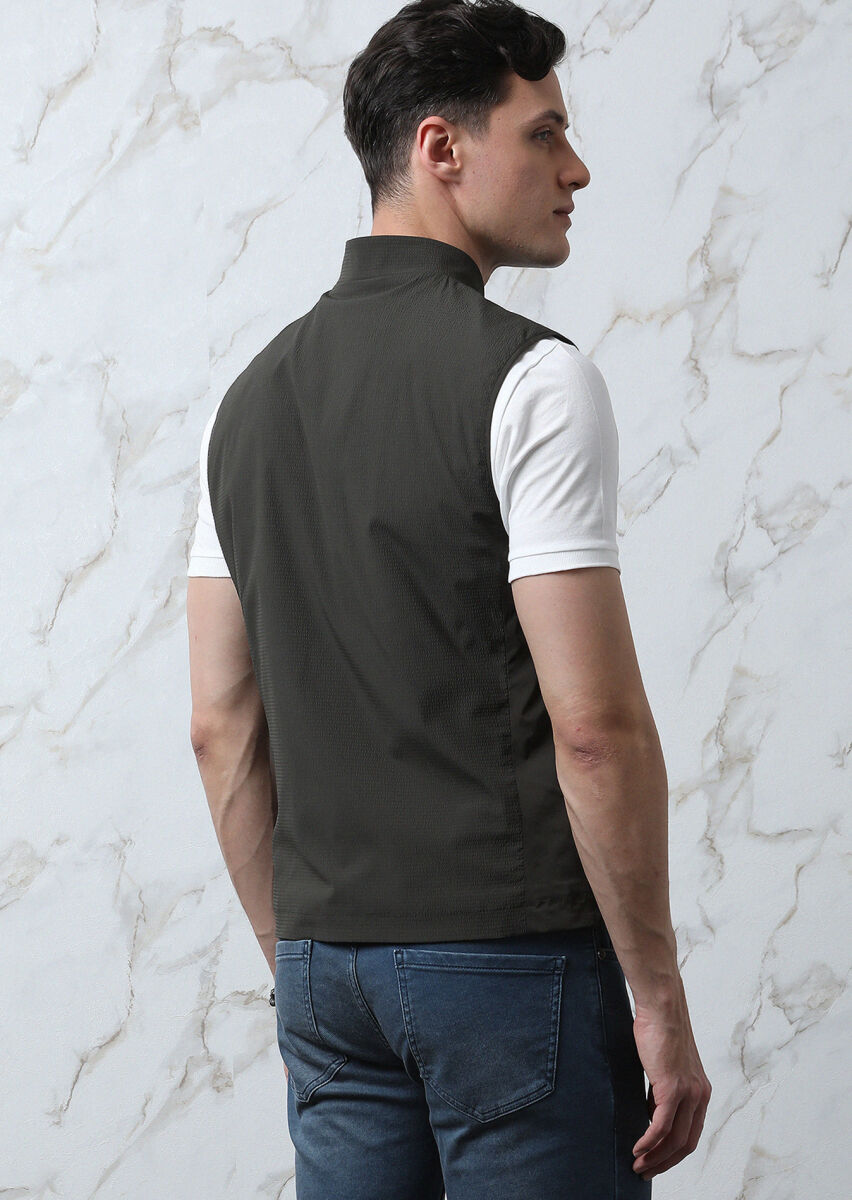 Haki Regular Fit Dik Yaka Casual Dokuma Spor Yelek - 5