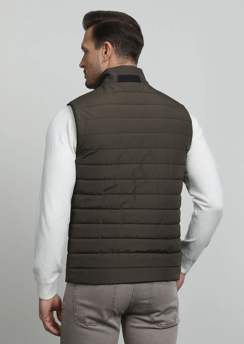 Haki Regular Fit Dik Yaka Casual Dokuma Spor Yelek - 4
