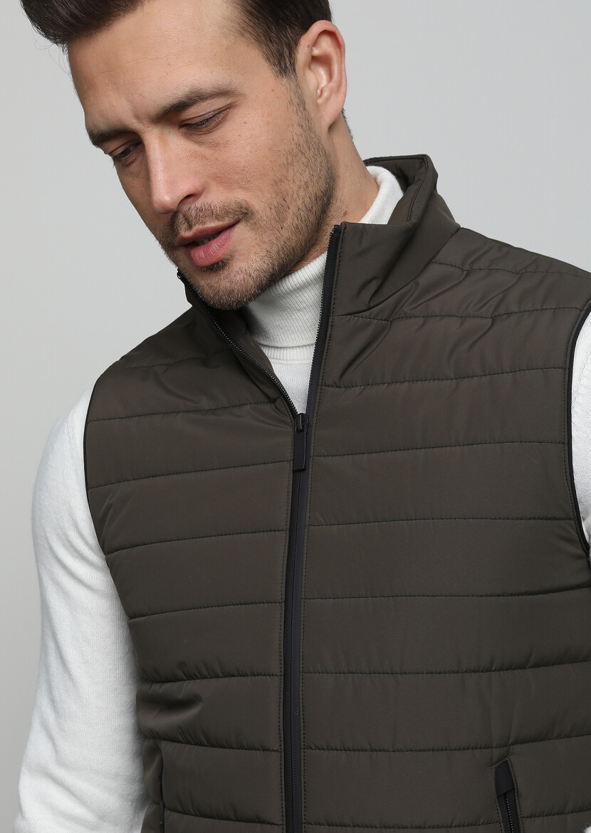 Haki Regular Fit Dik Yaka Casual Dokuma Spor Yelek - 2