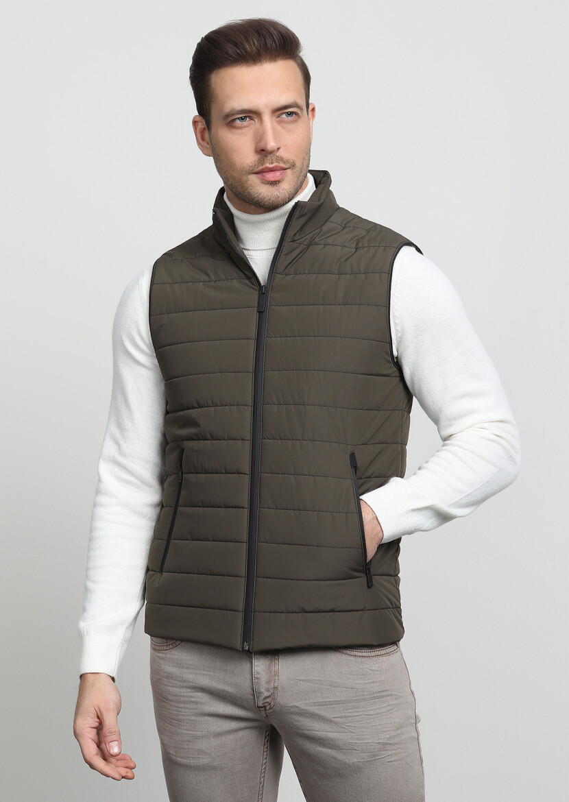 Haki Regular Fit Dik Yaka Casual Dokuma Spor Yelek - 3