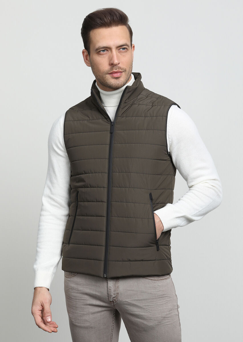 Haki Regular Fit Dik Yaka Casual Dokuma Spor Yelek - 3