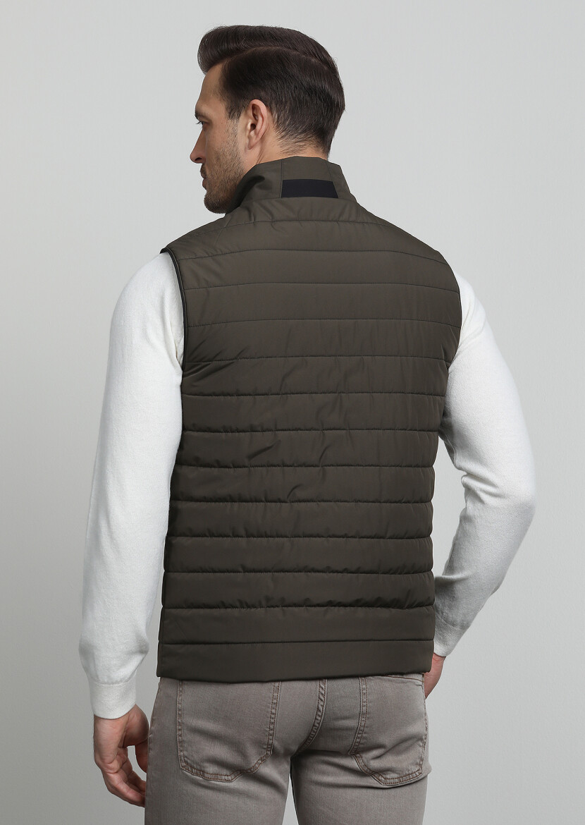 Haki Regular Fit Dik Yaka Casual Dokuma Spor Yelek - 4