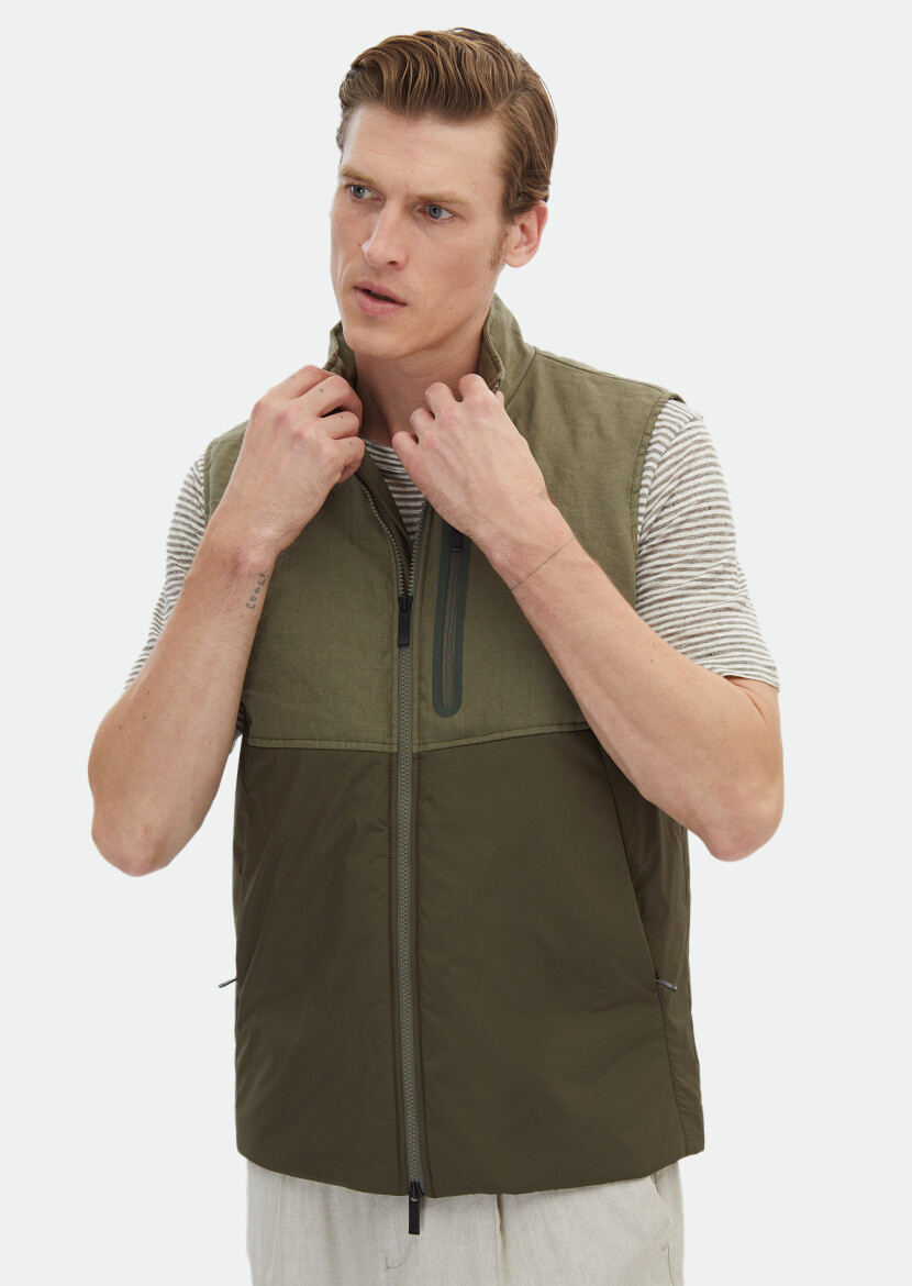 Haki Regular Fit Dik Yaka Casual Dokuma Spor Yelek - 3