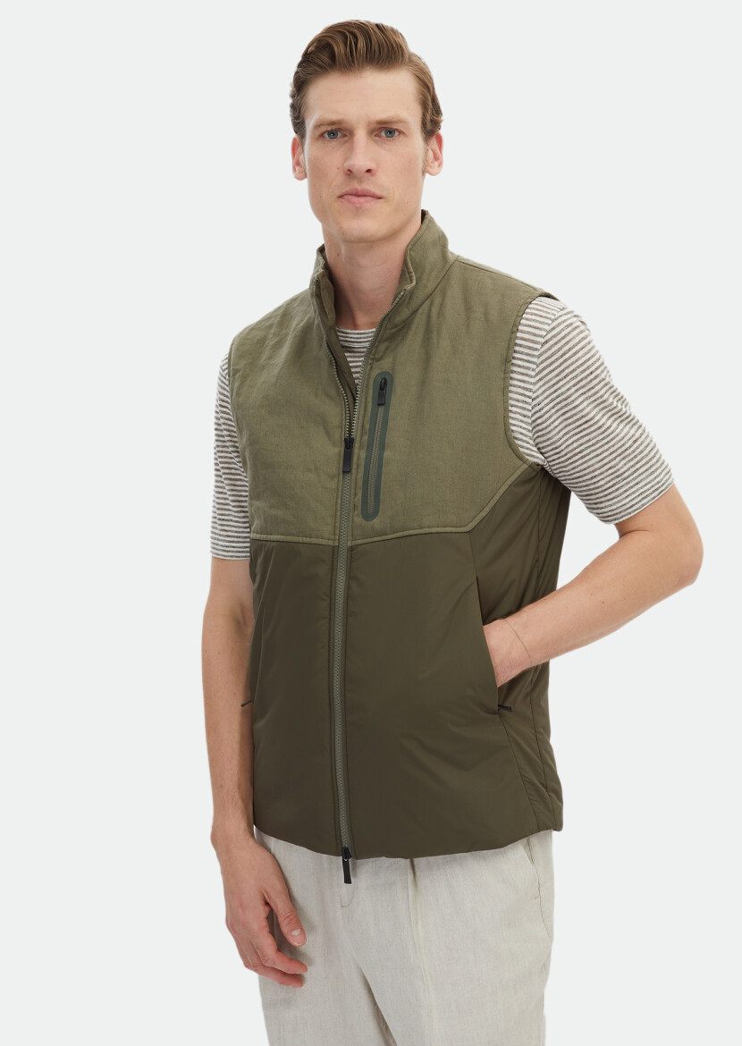 Haki Regular Fit Dik Yaka Casual Dokuma Spor Yelek - 5