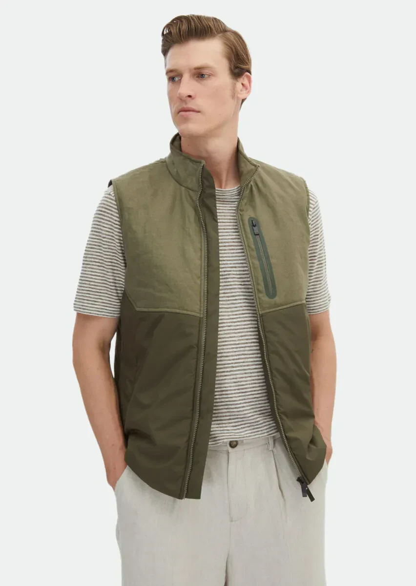 Haki Regular Fit Dik Yaka Casual Dokuma Spor Yelek - 1