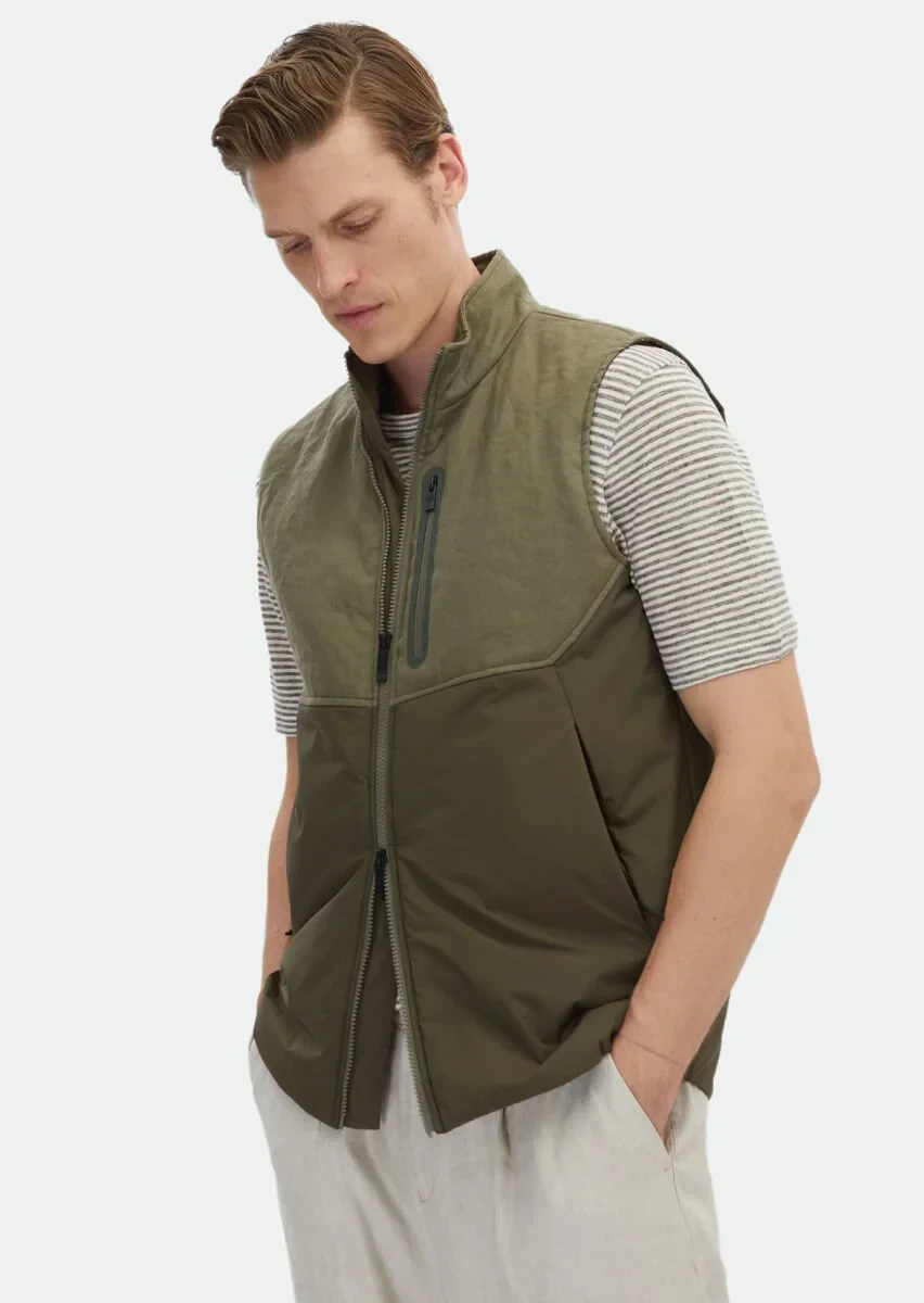Haki Regular Fit Dik Yaka Casual Dokuma Spor Yelek - 4