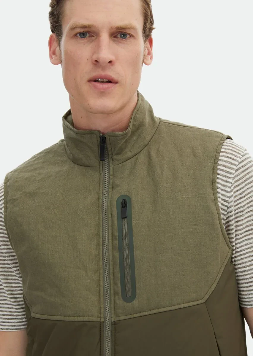 Haki Regular Fit Dik Yaka Casual Dokuma Spor Yelek - 6