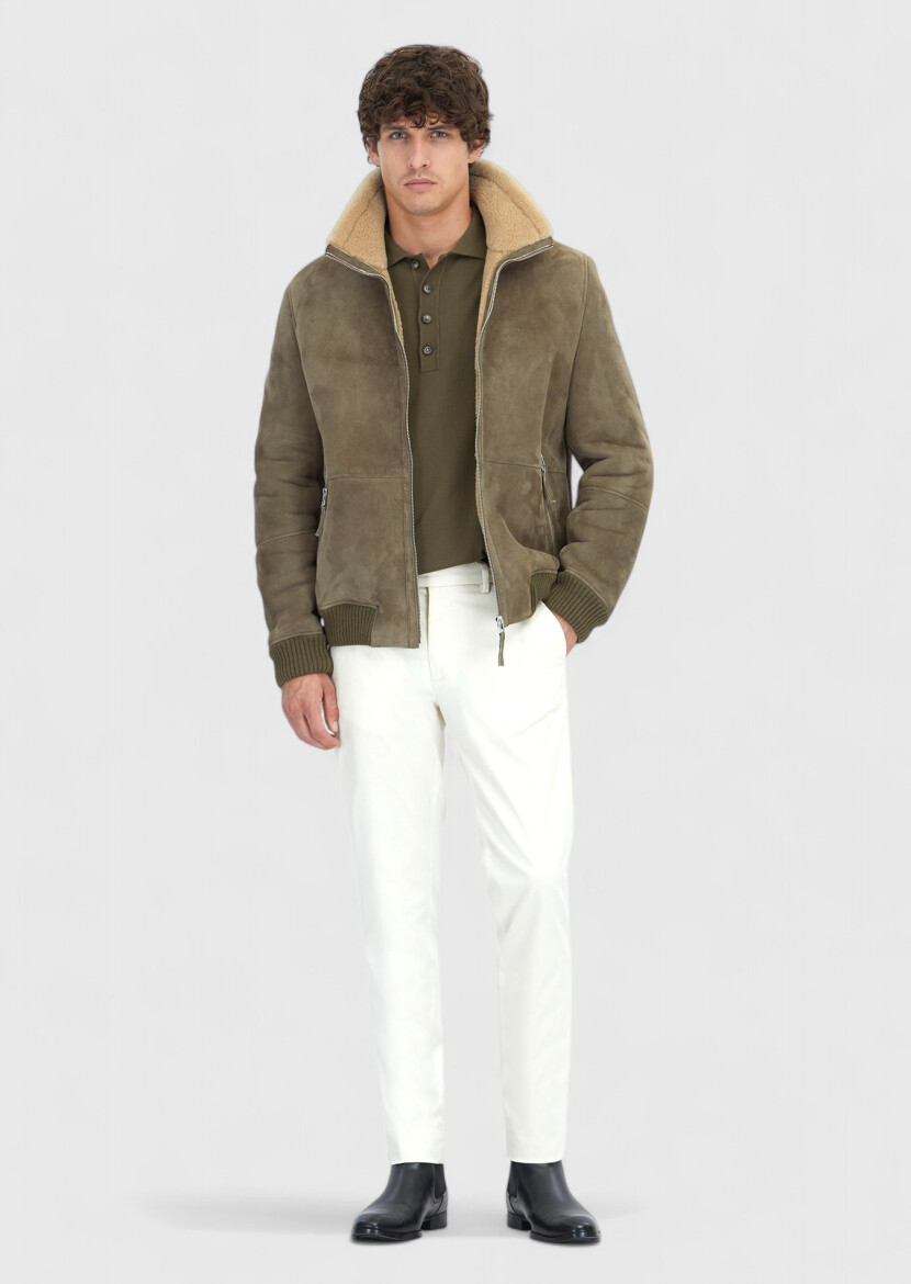 Haki Regular Fit Dik Yaka Casual Koyun Kürkü Deri Mont - RAMSEY