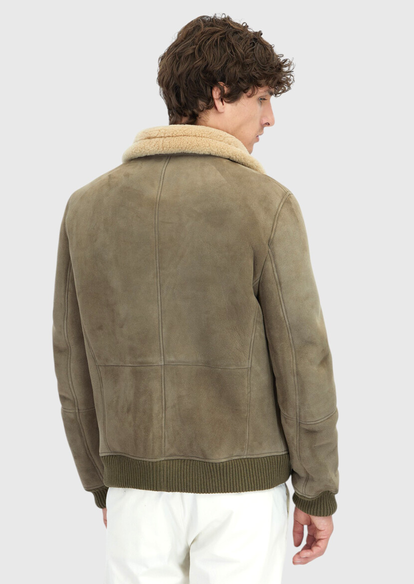 Haki Regular Fit Dik Yaka Casual Koyun Kürkü Deri Mont - 6