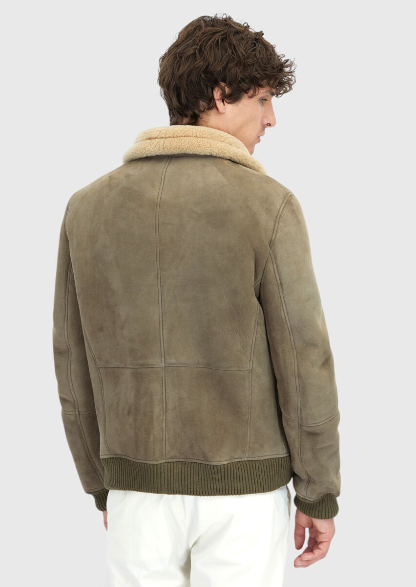 Haki Regular Fit Dik Yaka Casual Koyun Kürkü Deri Mont - 6