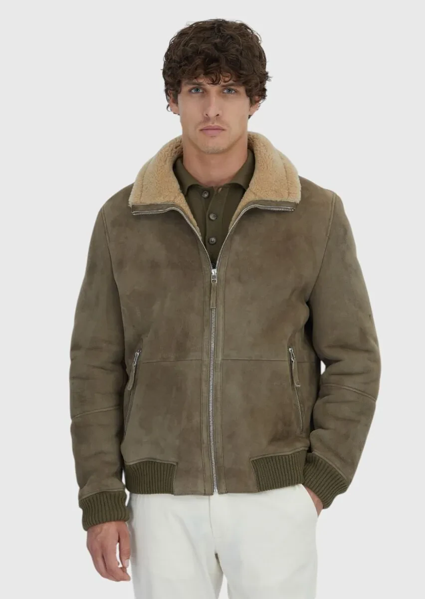 Haki Regular Fit Dik Yaka Casual Koyun Kürkü Deri Mont - 1