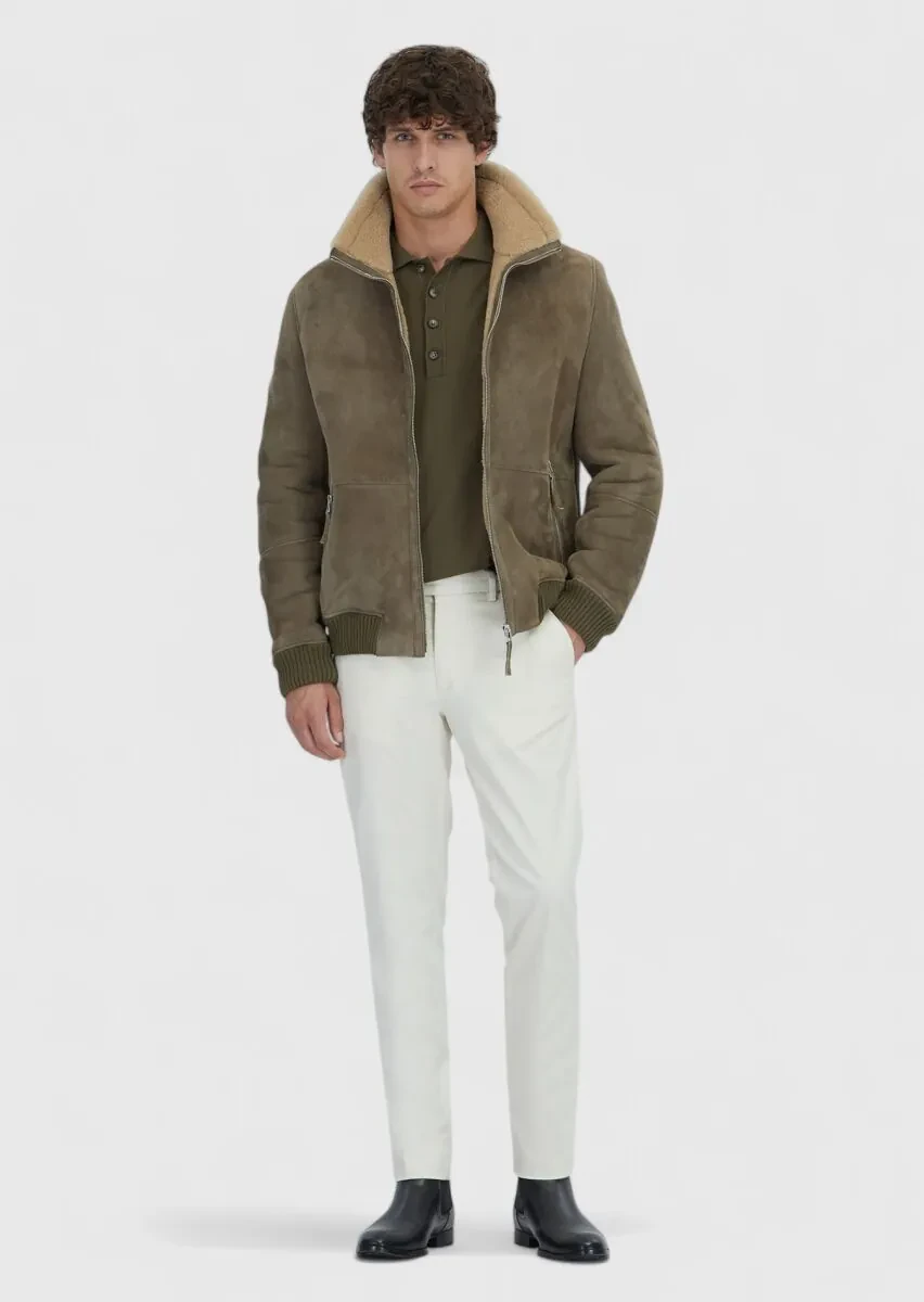 Haki Regular Fit Dik Yaka Casual Koyun Kürkü Deri Mont - 2