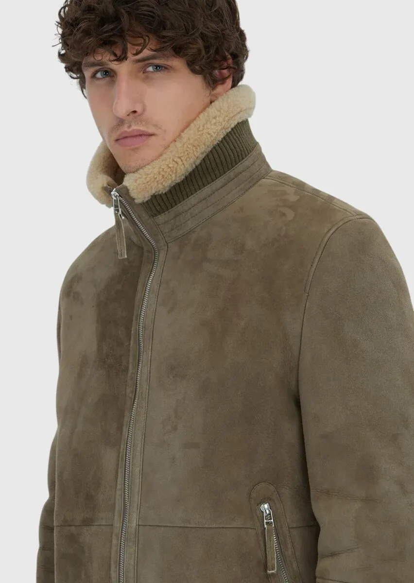 Haki Regular Fit Dik Yaka Casual Koyun Kürkü Deri Mont - 3