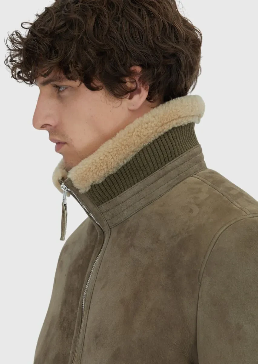 Haki Regular Fit Dik Yaka Casual Koyun Kürkü Deri Mont - 4