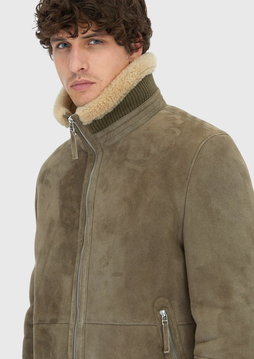 Haki Regular Fit Dik Yaka Casual Koyun Kürkü Deri Mont - 3