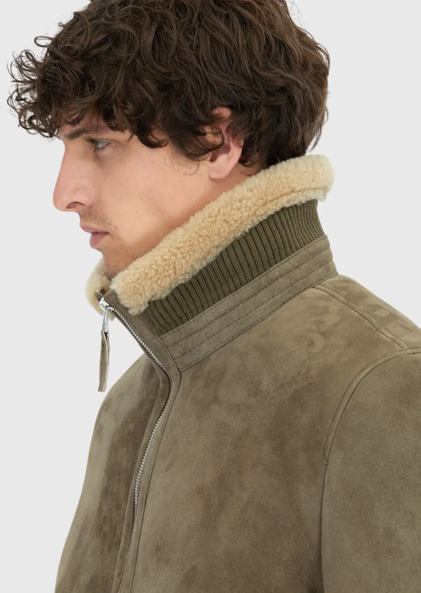 Haki Regular Fit Dik Yaka Casual Koyun Kürkü Deri Mont - 4