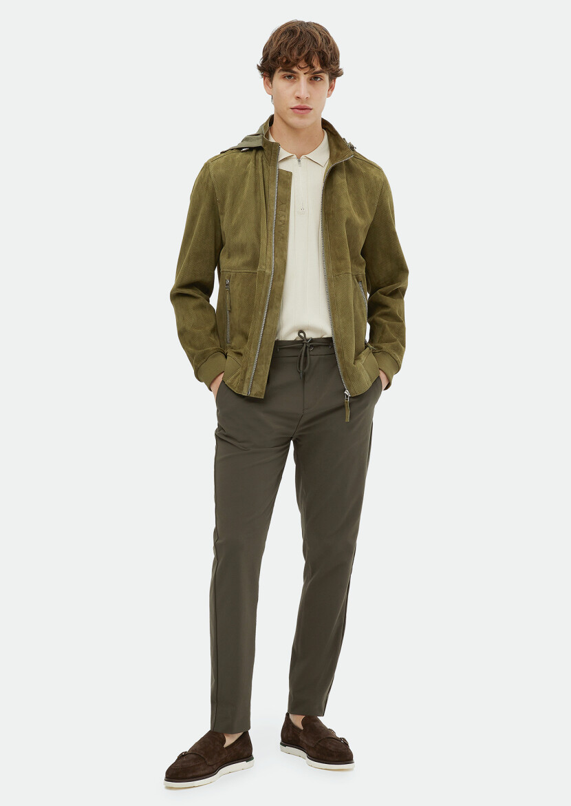 Haki Regular Fit Dik Yaka Casual Süet Deri Mont - 2