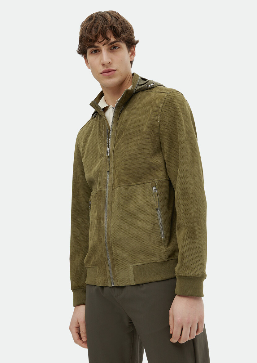 Haki Regular Fit Dik Yaka Casual Süet Deri Mont - 3