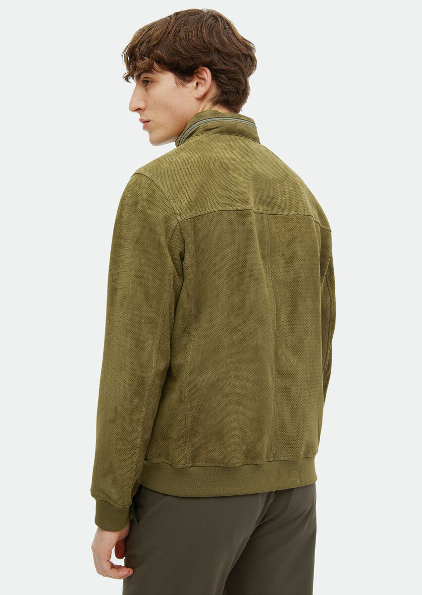 Haki Regular Fit Dik Yaka Casual Süet Deri Mont - 6