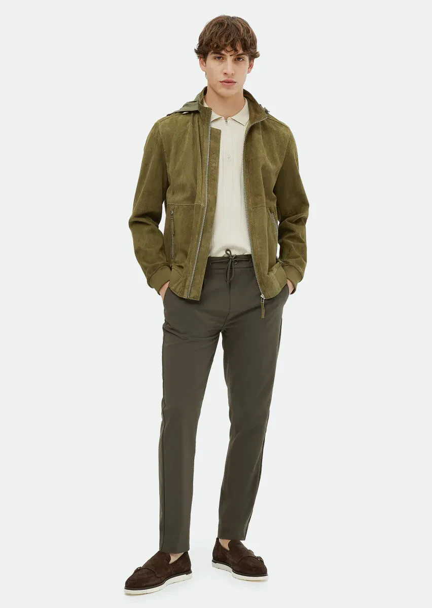 Haki Regular Fit Dik Yaka Casual Süet Deri Mont - 2