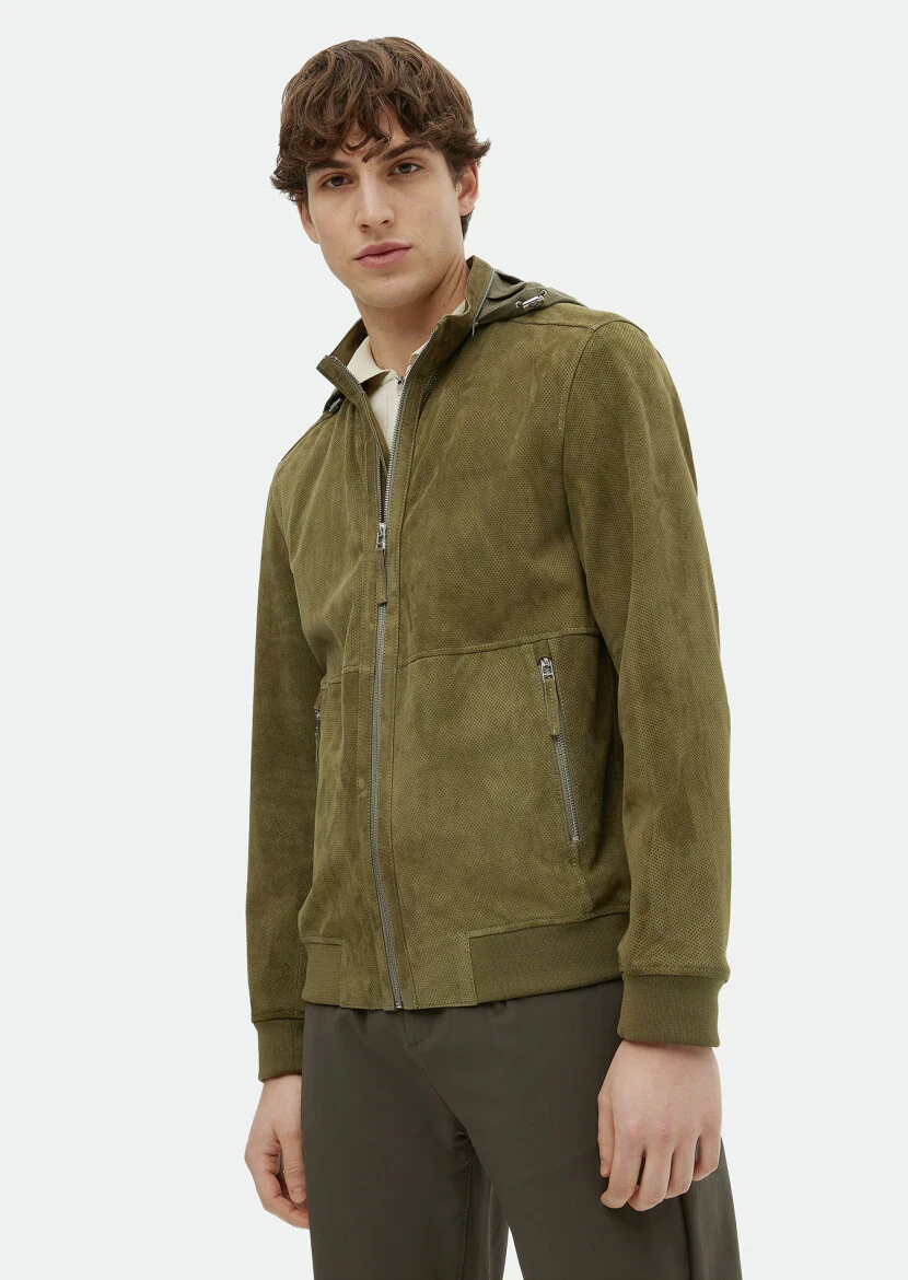 Haki Regular Fit Dik Yaka Casual Süet Deri Mont - 3