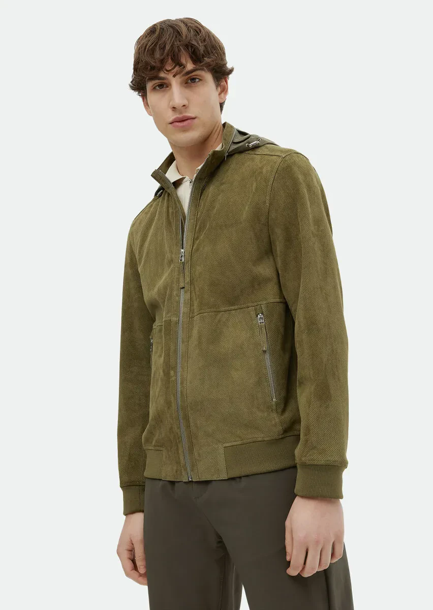 Haki Regular Fit Dik Yaka Casual Süet Deri Mont - 3