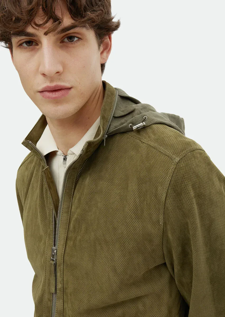 Haki Regular Fit Dik Yaka Casual Süet Deri Mont - 4