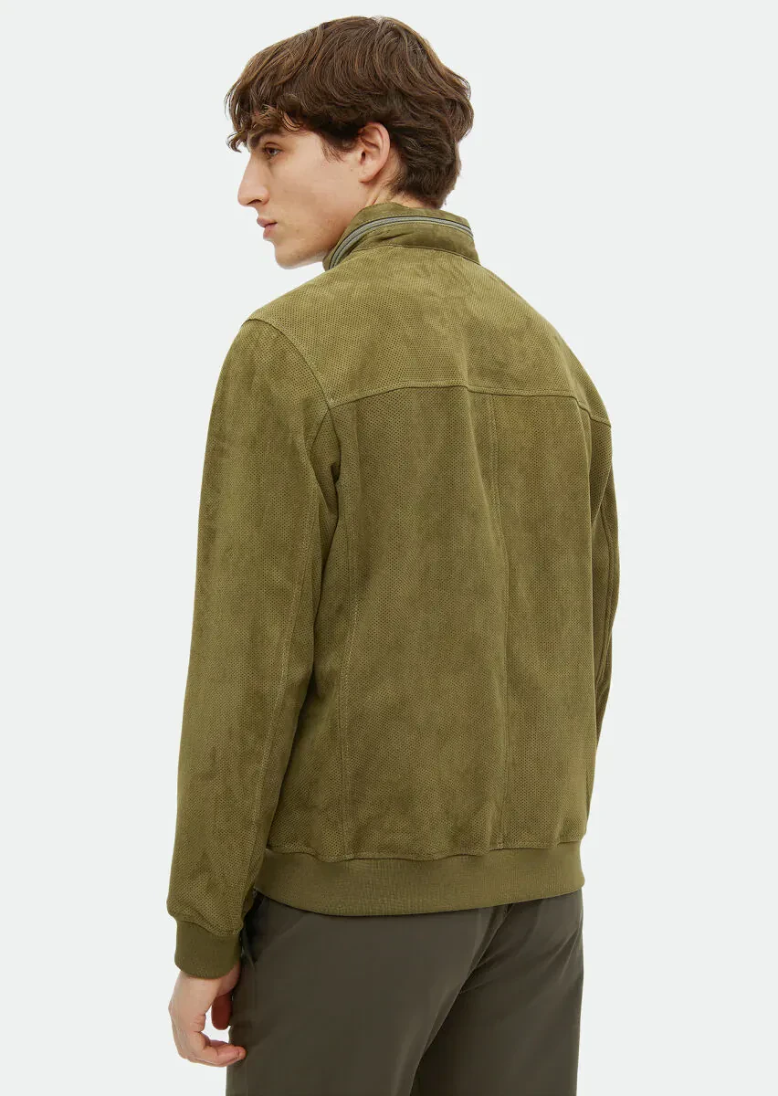 Haki Regular Fit Dik Yaka Casual Süet Deri Mont - 6