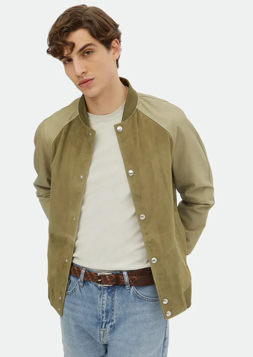 Haki Regular Fit Dik Yaka Casual Süet Deri Mont - 1
