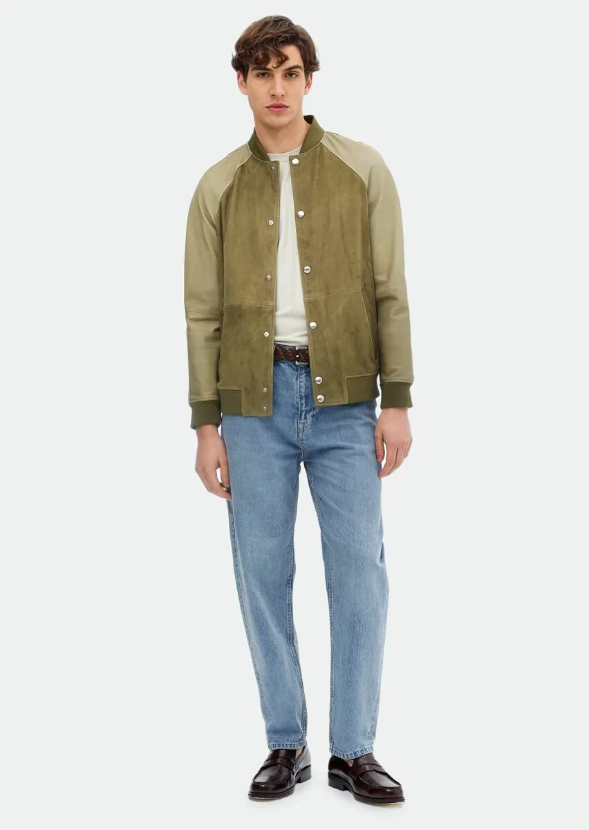 Haki Regular Fit Dik Yaka Casual Süet Deri Mont - 2