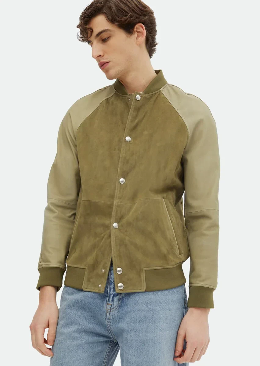 Haki Regular Fit Dik Yaka Casual Süet Deri Mont - 3